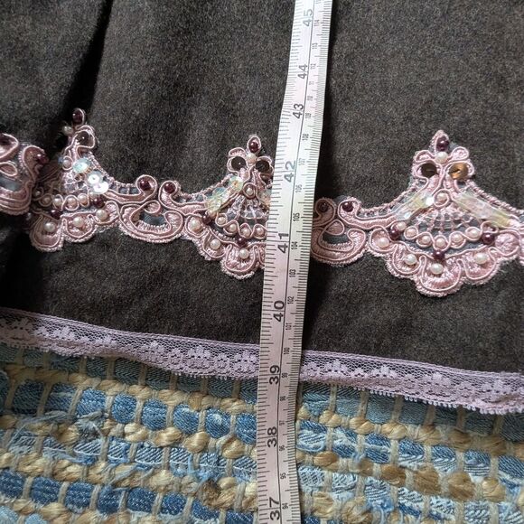 Vtg Express Wool Blend Skirt Brown 0 Pink Lace Trim Beaded Hem Lined Fairycore - Picture 5 of 8